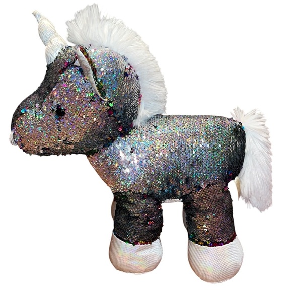 Rainbow/Silver Flip Sequin Unicorn Plush 8.5” x 14” x 17” - Picture 7 of 10